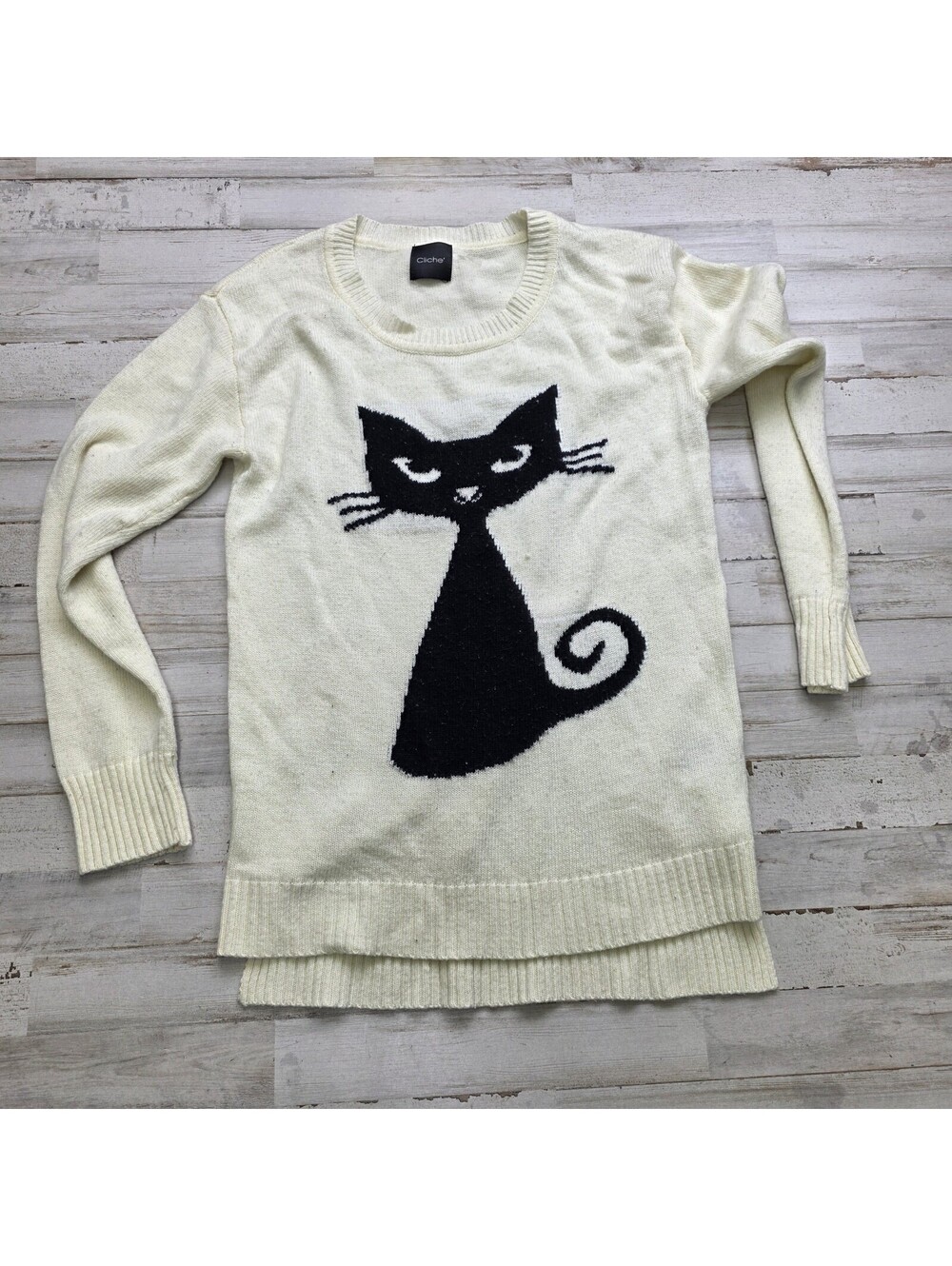 Cliche Cream Black Cat Embroidered Crewneck Sweater - Wool Blend (S/M)